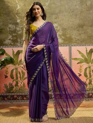 Purple neon chiffon embroidered saree with unstitched blouse piece 2
