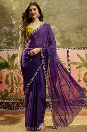 Purple neon chiffon embroidered saree with unstitched blouse piece