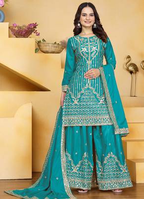 Firozi crepe silk sequin embroidered sharara suit 1