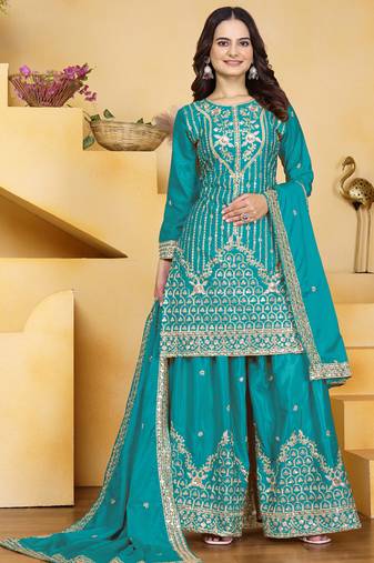 Firozi crepe silk sequence embroidered sharara suit