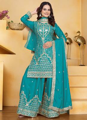 Firozi crepe silk sequin embroidered sharara suit 2