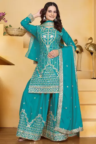 Firozi crepe silk sequence embroidered sharara suit