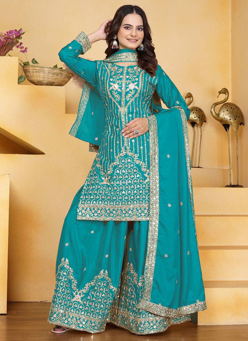 Firozi crepe silk sequence embroidered sharara suit