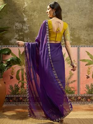 Purple neon chiffon embroidered saree with unstitched blouse piece 3