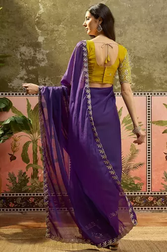 Purple neon chiffon embroidered saree with unstitched blouse piece