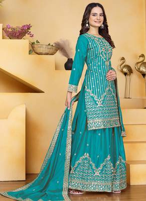 Firozi crepe silk sequin embroidered sharara suit 3