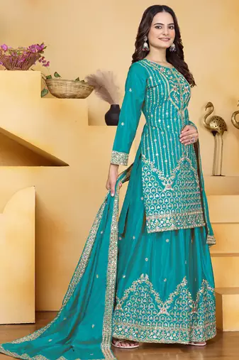 Firozi crepe silk sequence embroidered sharara suit