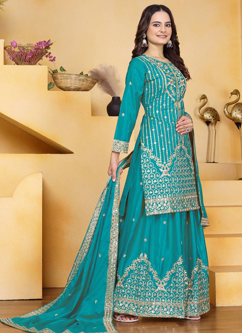 Firozi crepe silk sequence embroidered sharara suit