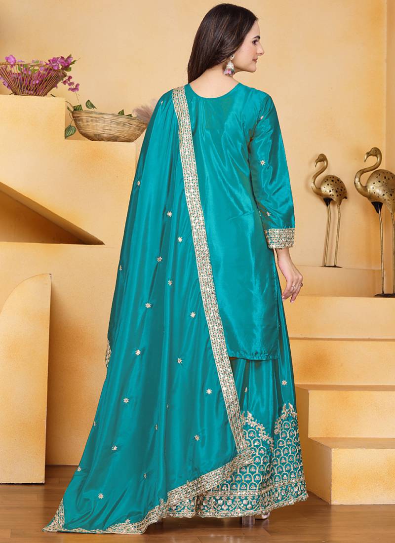 Firozi crepe silk sequence embroidered sharara suit