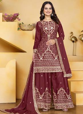 Maroon crepe silk sequin embroidered sharara suit 1