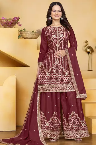 Maroon crepe silk sequence embroidered sharara suit