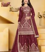 Maroon crepe silk sequence embroidered sharara suit