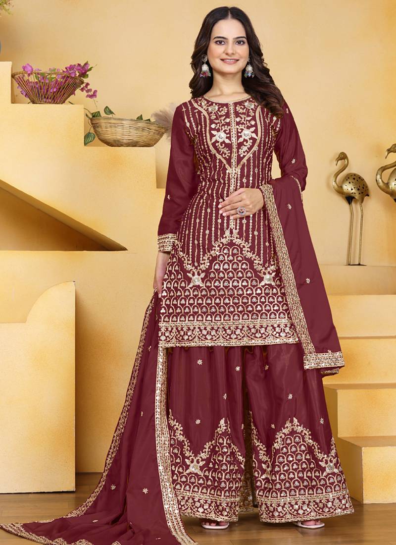 Maroon crepe silk sequence embroidered sharara suit