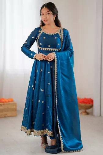 Blue Anarkali Gown Suit Set With Dupatta