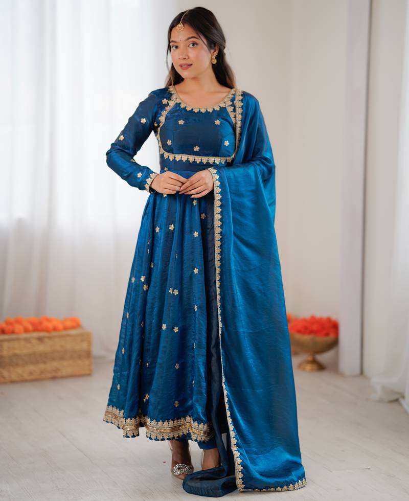 Blue Anarkali Gown Suit Set With Dupatta