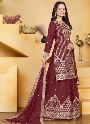 Maroon crepe silk sequin embroidered sharara suit 2