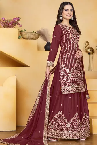 Maroon crepe silk sequence embroidered sharara suit