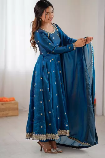 Blue Anarkali Gown Suit Set With Dupatta