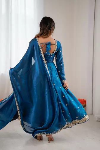 Blue Anarkali Gown Suit Set With Dupatta