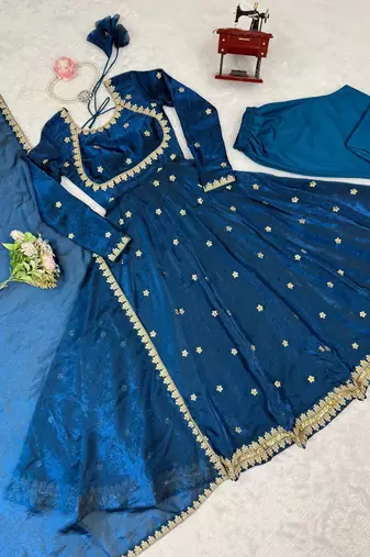 Blue Anarkali Gown Suit Set With Dupatta