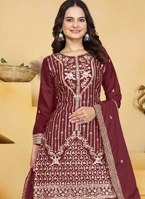 Maroon crepe silk sequin embroidered sharara suit 3