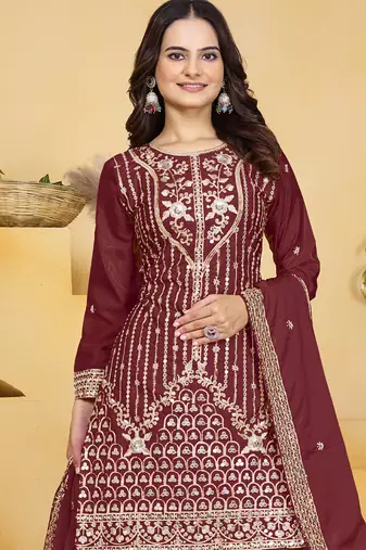 Maroon crepe silk sequence embroidered sharara suit
