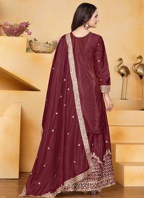Maroon crepe silk sequin embroidered sharara suit 4