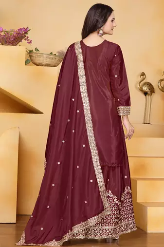 Maroon crepe silk sequence embroidered sharara suit