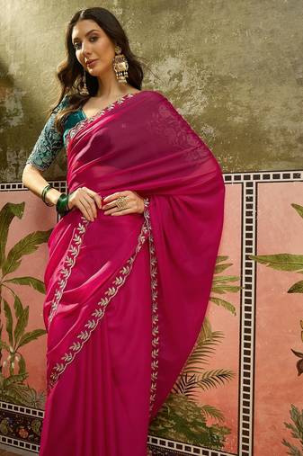 Rani neon chiffon embroidered saree with unstitched blouse piece