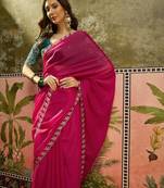 Rani neon chiffon embroidered saree with unstitched blouse piece