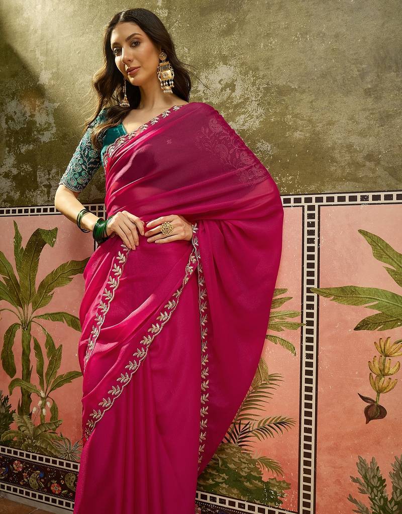 Rani neon chiffon embroidered saree with unstitched blouse piece