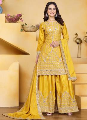 Yellow crepe silk sequin embroidered sharara suit 1