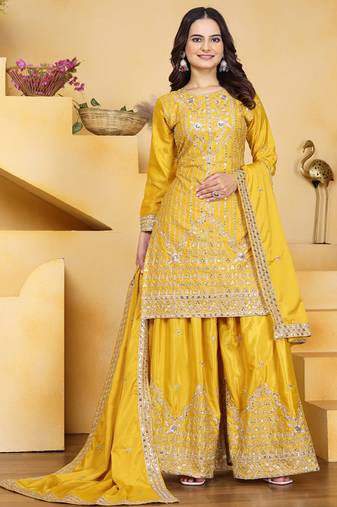 Yellow crepe silk sequence embroidered sharara suit