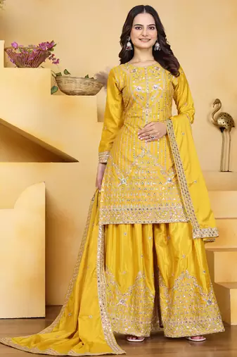 Yellow crepe silk sequence embroidered sharara suit