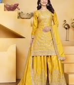Yellow crepe silk sequence embroidered sharara suit