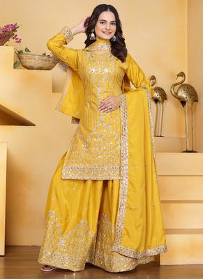Yellow crepe silk sequin embroidered sharara suit 2