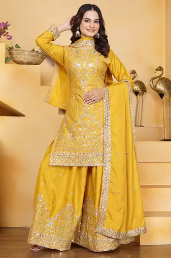 Yellow crepe silk sequence embroidered sharara suit