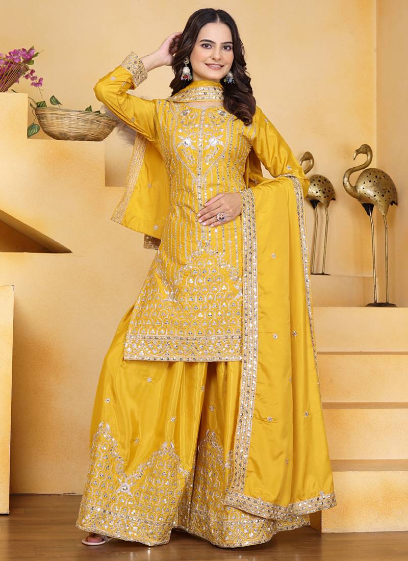 Yellow crepe silk sequence embroidered sharara suit