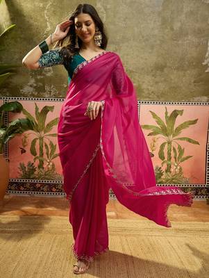 Rani neon chiffon embroidered saree with unstitched blouse piece 2