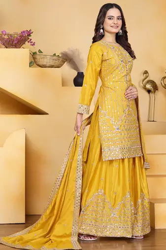 Yellow crepe silk sequence embroidered sharara suit