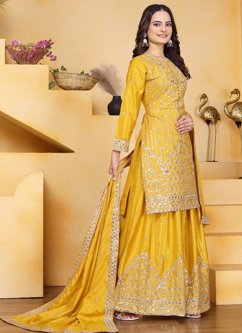 Yellow crepe silk sequence embroidered sharara suit