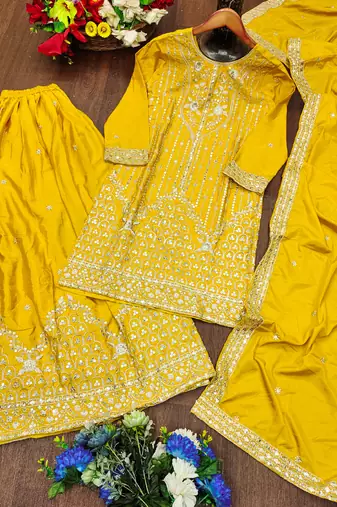 Yellow crepe silk sequence embroidered sharara suit