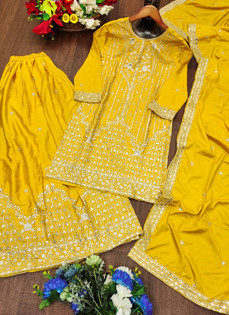 Yellow crepe silk sequence embroidered sharara suit