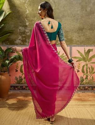 Rani neon chiffon embroidered saree with unstitched blouse piece 3