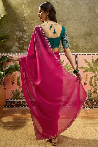 Rani neon chiffon embroidered saree with unstitched blouse piece
