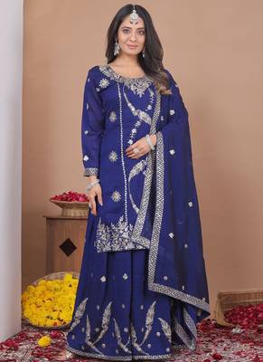 Blue vichitra silk sequin embroidered sharara suit 1