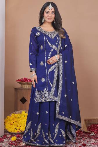 Blue vichitra silk sequence embroidered sharara suit