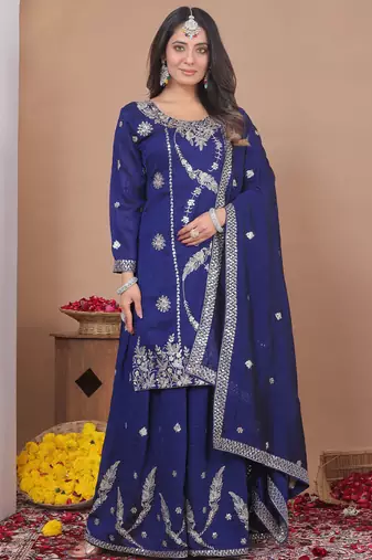 Blue vichitra silk sequence embroidered sharara suit