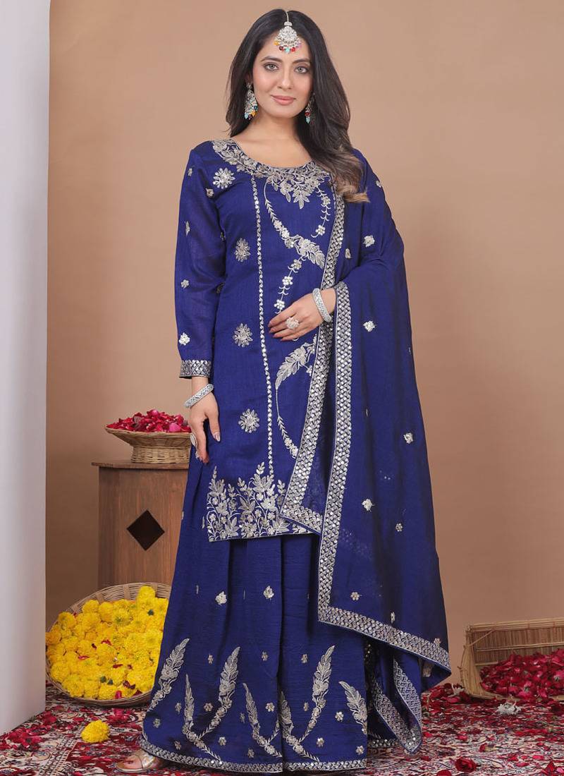 Blue vichitra silk sequence embroidered sharara suit