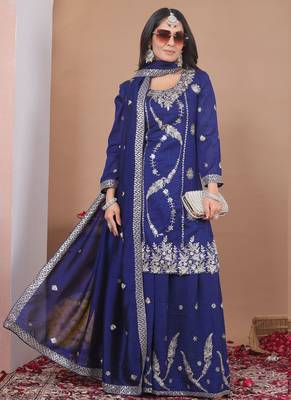 Blue vichitra silk sequin embroidered sharara suit 2